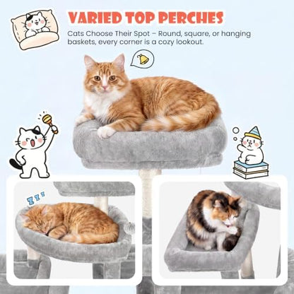 SHA CERLIN 83 in Cat Tree Tower for Indoor Adult Felines 20lbs+/Multi-Level Heavy Duty Cat Tower for Big Maine Coon/Giant Perches/Wide Baseboard/Sisal Scratching Posts/Cozy Condos/Light Grey