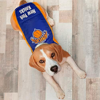 NBA New York Knicks Puffer Vest for Dogs & Cats, Size Medium. Warm, Cozy, and Waterproof Dog Coat, for Small and Large Dogs/Cats. Best NBA Licensed PET Warming Sports Jacket