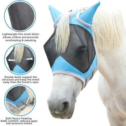 Horse Fly Mask with Ears, Breathable Fine Mesh Pale Blue Cob