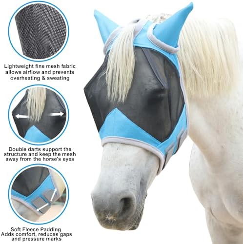 Horse Fly Mask with Ears, Breathable Fine Mesh Pale Blue Cob