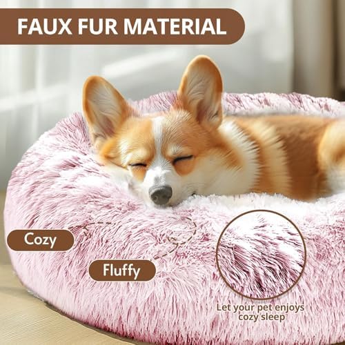 JOLLYVOGUE Calming Dog Bed Medium Size Dog, Anti-Anxiety Donut Medium Pet Bed, 27 inches Fluffy Faux Fur Round Cat Bed (Smoke Pink)