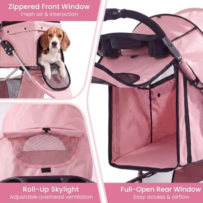 Pet Stroller for Small Medium Cats Dogs, 3-Wheel, One-Click Foldable