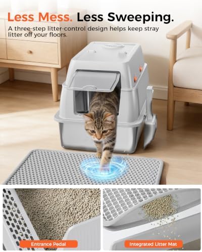 GTPLAYER XXL Stainless Steel Cat Litter Box with Lid, High Sided Enclosed Cat Litter Box, Activated Carbon Odor Control, Extra Large Metal Litter Box, Anti-Leak, with Mat & Scoop, Sliver