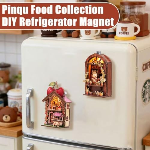 DIY Mini Wooden House Model Kit with LED Light, Magnetic Back Miniature Scene Decor, Compact Handmade Craft Ornament for Fridge Desktop Gift (Patissier)