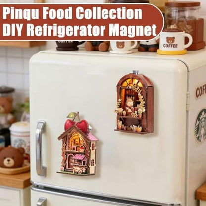 DIY Mini Wooden House Model Kit with LED Light, Magnetic Back Miniature Scene Decor, Compact Handmade Craft Ornament for Fridge Desktop Gift (Patissier)