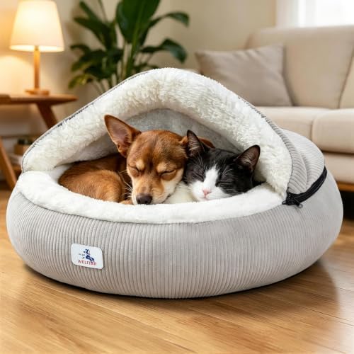 Calming Cozy Dog Cave Cover Bed, Burrow Small Doggy Anti Anxiety