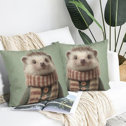 InkRain Winter Animal Cute Hedgehog Pillow Cover 22x22 Inch Set of 2 Home Decor Decorative Cotton Linen Illustration Pillowcases for Living Room House Sofa
