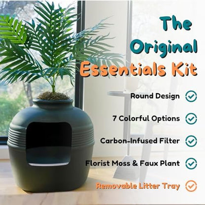 Good Pet Stuff Original Hidden Litter Box Planter, Decorative Cat Litter Enclosure, Carbon Filter, Faux Plant, Easy to Clean, Round Design, Removable Tray, Essentials Kit, Palm Plant, Charcoal Black