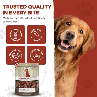 Loving Pets Natural Value Beef Sausages - Soft Jerky Dog Treats for Large & Small Breeds - Healthy Gluten, Wheat, Soy & Grain Free Pet Treats for Dogs