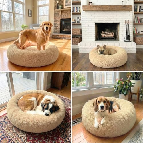 Calming Donut Dog Bed – Faux Fur Anti-Anxiety Pet Bed with Removable Washable Cover & Water-Resistant Liner – Plush Fluffy Round Nest, Non-Slip Bottom for Dogs & Cats – Large, Beige