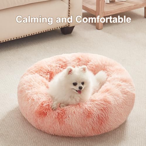 23 in Faux Fur Fluffy Donut Dog Bed for Small Dogs,Tie-dye Pink