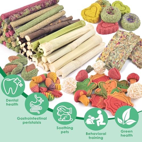 ERKOON 106PCS Bunny Chew Toys for Rabbits Teeth, Natural Rabbit Toys Apple Wood Sticks, Carrot, Timothy Grass Treats for Small Pets, Hamster, Chinchilla, Guinea Pig Dental Care and Treat Teething Toys