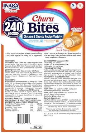 INABA Churu Bites for Dogs, Soft & Chewy Dog Treats with Vitamin E, 0.42 Ounces Each Tube, 20 Tubes, Chicken & Cheese Variety Box