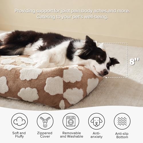 JOEJOY Large Dog Beds Large Sized Dog, Rectangle Washable Orthopedic Pet Bed with Removable Zipper Cover, Cute Soft Calming Puppy Pet Bed with Jacquard Shaggy Plush & Non Skid Bottom