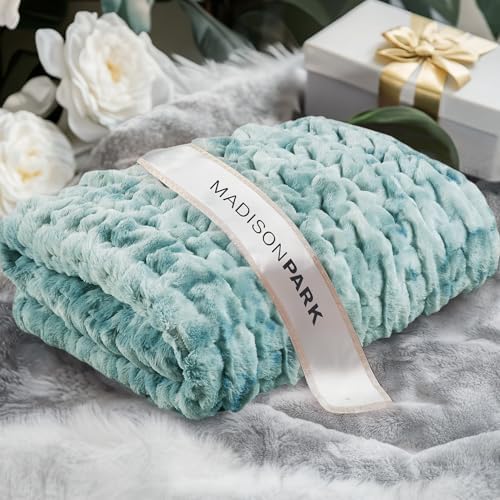 Madison Park Ruched Fur Throw Faux Fur Blanket, 50" x 60", Blue Tie Dye