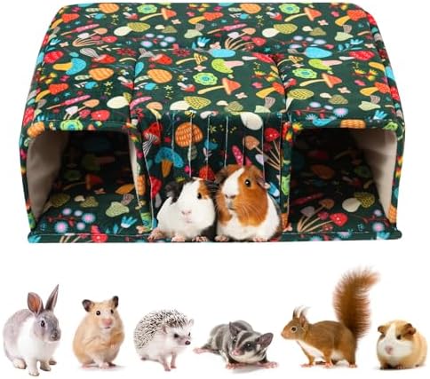 Guinea Pig Hideout with Tunnels, Toys & Cozy House - Soft Large Bed for Small Pets - Blackish Green Mushroom