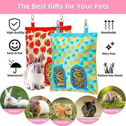 2Packs Large Rabbit Hay Feeder Bag, Upgraded Guinea Pig Hay Feeder with 3 Hooks, Chew Proof Washable Hay Bag for Rabbits Bunny Chinchilla Hamster, Mess Free Grass Holder 2 Holes, 9.8x11.4 Inch