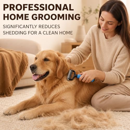 2PCS Pet Grooming Combo - Blue Deshedding Brush with Metal Comb for Detangling and Dematting Long, Matted Fur on Cats and Dogs (2PCS-A)