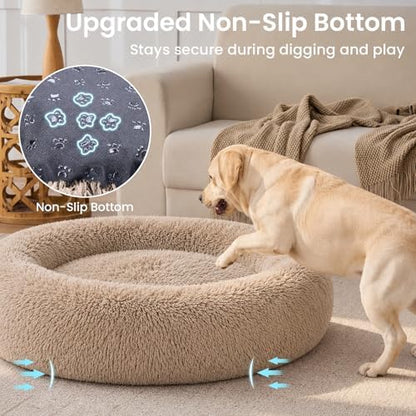 JOLLYVOGUE Calming Dog Beds Extra Large Sized Dog, 45in Donut Washable Large Pet Bed, Anti-Slip & Anti-Anxiety Fluffy Faux Fur Round Dogs Bed, Fits up to 125 lbs Pets (Camel)