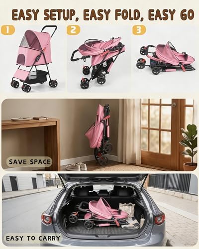 Pet Stroller for Small Dogs Cats, Lightweight Foldable Pink Dog Stroller
