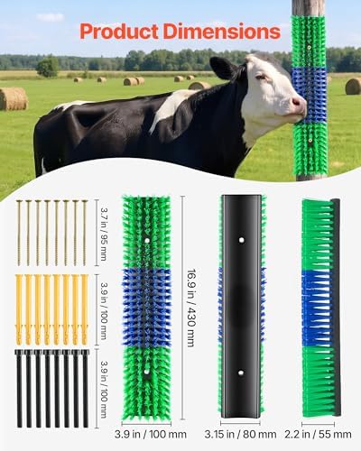VEVOR Livestock Scratching Brush, 4PCS Goat Scratcher Brush Post with 16 Screws, 16.9" x 3.9" Cow Scratcher for Back Itch Relief, Massage Grooming Scratch Tool for Horse Cattle Sheep Pig, Green & Blue