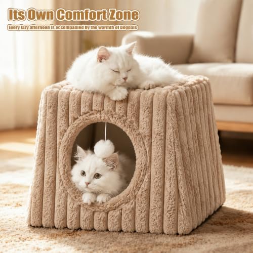 Dogpals Cat Cave Bed 15.74"x15.74"x13.38" Large with Balls (Khaki)