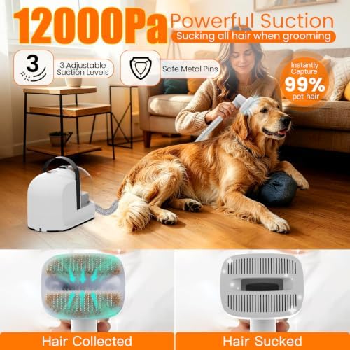 PG10 Dog Grooming Vacuum with Electric Clipper & Shedding Brush, 12,000Pa Suction Pet Grooming Vacuum for Dogs, Low Noise Pet Hair Vacuum with Grooming Kit for Home Shedding and Trimming