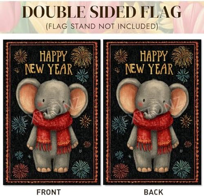 Happy New Year Garden Flag 12x18 Double Sided Vertical Linen Small Fireworks Elephant House Flag Welcome Holiday Winter House Outdoor Outside Decorations (27167)