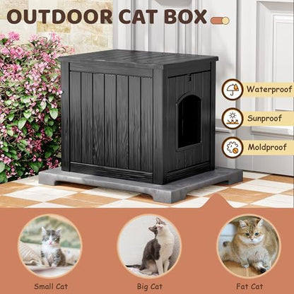 Cat Litter Box Enclosure, Resin Hidden Litter Box Furniture Side Table with Openable Front Door, Weatherproof Indoor & Outdoor Cat Litter Box Cabinet, Raised Floor, Easy to Clean & Assemble, Black