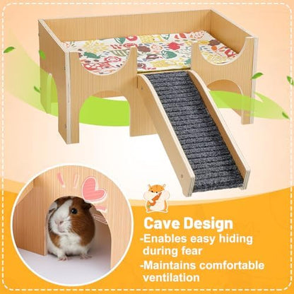 MEWTOGO Upgraded Sturdy Wooden Guinea Pig Castle with Stairs & Mat
