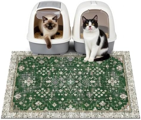 Cat Litter Mat Litter Trapping Mat, 33"x22" Waterproof Urine Proof Litter Box Mat Catcher Mat Non-Slip Washable for Kitty Kitten, Green