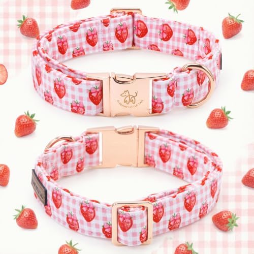 Elegant little tail Dog Collar with Flower, Pink Gingham Plaid with Strawberry Print Summer Girl Pet Collars Cute Puppy Collar Adjustable Collars for Small Medium Large Dogs, Summer Party, XS