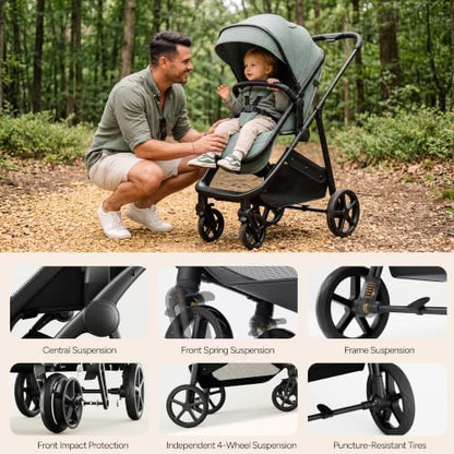 Mompush Wiz 2-in-1 Bassinet Stroller Reversible Seat, One-Hand Fold, Sage