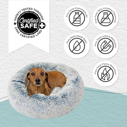 Best Friends by Sheri The Original Calming Donut Dog Bed for Small Dogs up to 25 lbs, Shag Faux Fur, Denim Blue, 23" x 23"