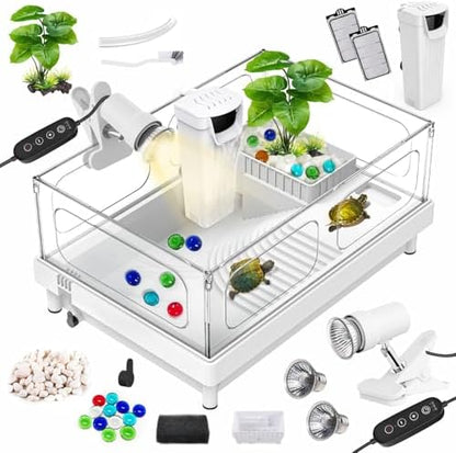 GOZILLA Small Turtle Tank Kit(Tank+Lamp+Filter), Acrylic Aquarium Turtle Starter Kit Habitat with Multi-Functional Areas for Small Reptiles. (White Kit)