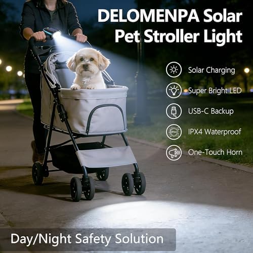 Solar Pet Stroller Light with Horn, Waterproof Dog Cat Stroller Safety LED Lights with 3 Modes & USB-C PD Charging, Ultra Bright Night Walking Warning Spotlight for Dog Jogger