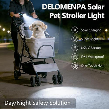 Solar Pet Stroller Light with Horn, Waterproof Dog Cat Stroller Safety LED Lights with 3 Modes & USB-C PD Charging, Ultra Bright Night Walking Warning Spotlight for Dog Jogger