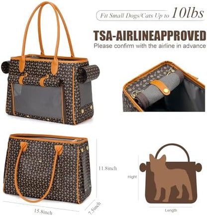 Minsong Fashion Pet Carrier Purse for Small Cat and Dog, Luxury Pu Soft-Sided Tote Bag with Large Pockets for Dogs and Puppies (Coffee, 15.8" L x 7.5" W x 11.8" H)