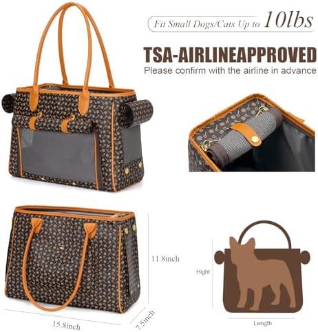Minsong Fashion Pet Carrier Purse for Small Cat and Dog, Luxury Pu Soft-Sided Tote Bag with Large Pockets for Dogs and Puppies (Coffee, 15.8" L x 7.5" W x 11.8" H)