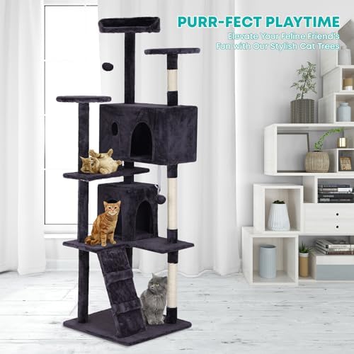 FDW | 70" Cat Tree Tower | Ashy | Multi-Level Indoor Activity Center with Sisal Scratching Posts, Condos, Plush Perches, Hanging Cat Toys | Sturdy, Easy to Assemble | for Kittens & Adult Cats