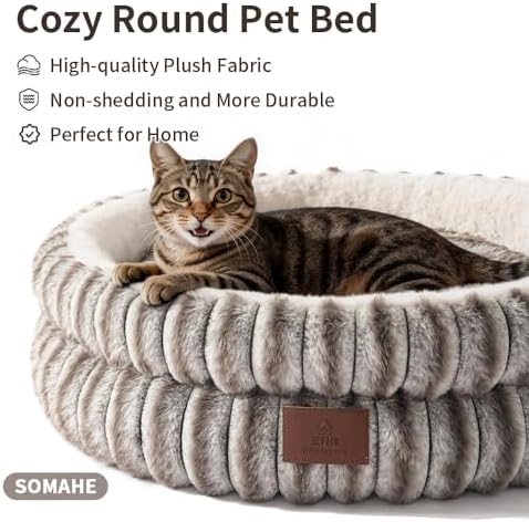 SOMAHE Cat Bed for Indoor Cats, Washable Round Plush, 20x20 Taupe Gray