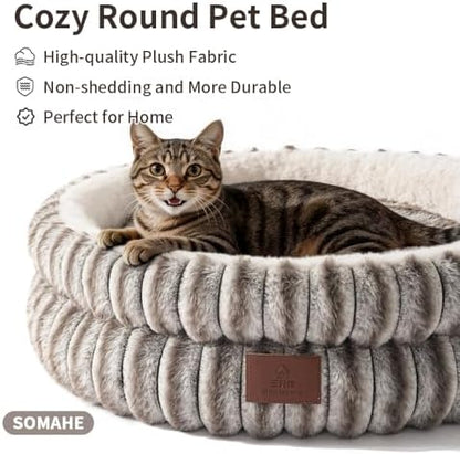 SOMAHE Cat Bed for Indoor Cats, Washable Round Plush, 20x20 Taupe Gray