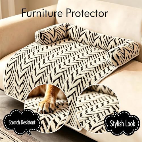 Calming Dog Couch Bed Mats with Neck and Head Support, Fluffy Plush Pet Sofa Cover for Small Medium Dogs and Cats, Non-Slip Bottom, Machine Washable