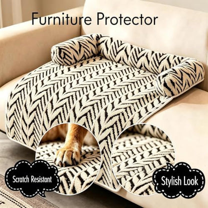 Calming Dog Couch Bed Mats with Neck and Head Support, Fluffy Plush Pet Sofa Cover for Small Medium Dogs and Cats, Non-Slip Bottom, Machine Washable