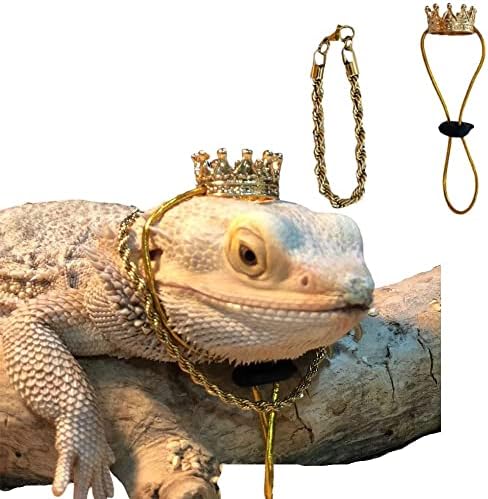 2Pcs Lizard Crown Necklace Set Metal Lizard Outfit Reptile Clothes Accessories Lizard Photo Props for Bearded Dragons Iguana Amphibians and Other Small Animals (Gold)