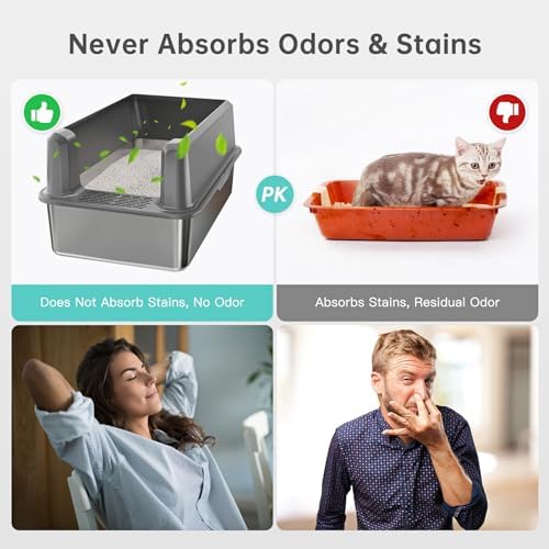Stainless Steel Cat Litter Box, XL High Sided Open Top Litter Pan, 1 Scoop