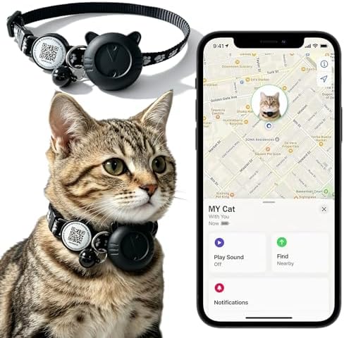 Smart GPS Cat Tracker Collar with QR Code - Waterproof Pet Locator for Small to Large Cats - Compatible with Apple Find My - No Monthly Fees - Advanced Tracking Solution