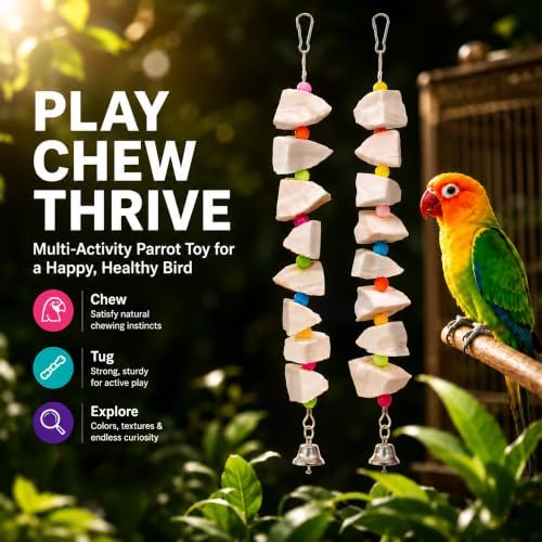 2 Pack Bird Toys with Cuttlebone & Beak Grinding Stone–Cage Accessories for Parakeets, Budgies, Cockatiels, Lovebirds, Green Cheeks & Small to Medium Birds