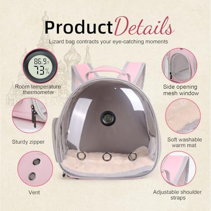 Bearded Dragon Backpack Carrier w/Reptile Thermometer Hygrometer, Clear Bubble Window Astronaut Space Capsule Travel Bag for Leopard Gecko, Ball Python, Lizard, Hermit Crab, Spider, Guinea Pig