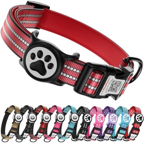 Waterproof AirTag Dog Collar with QR Code Dog Tag, Red L